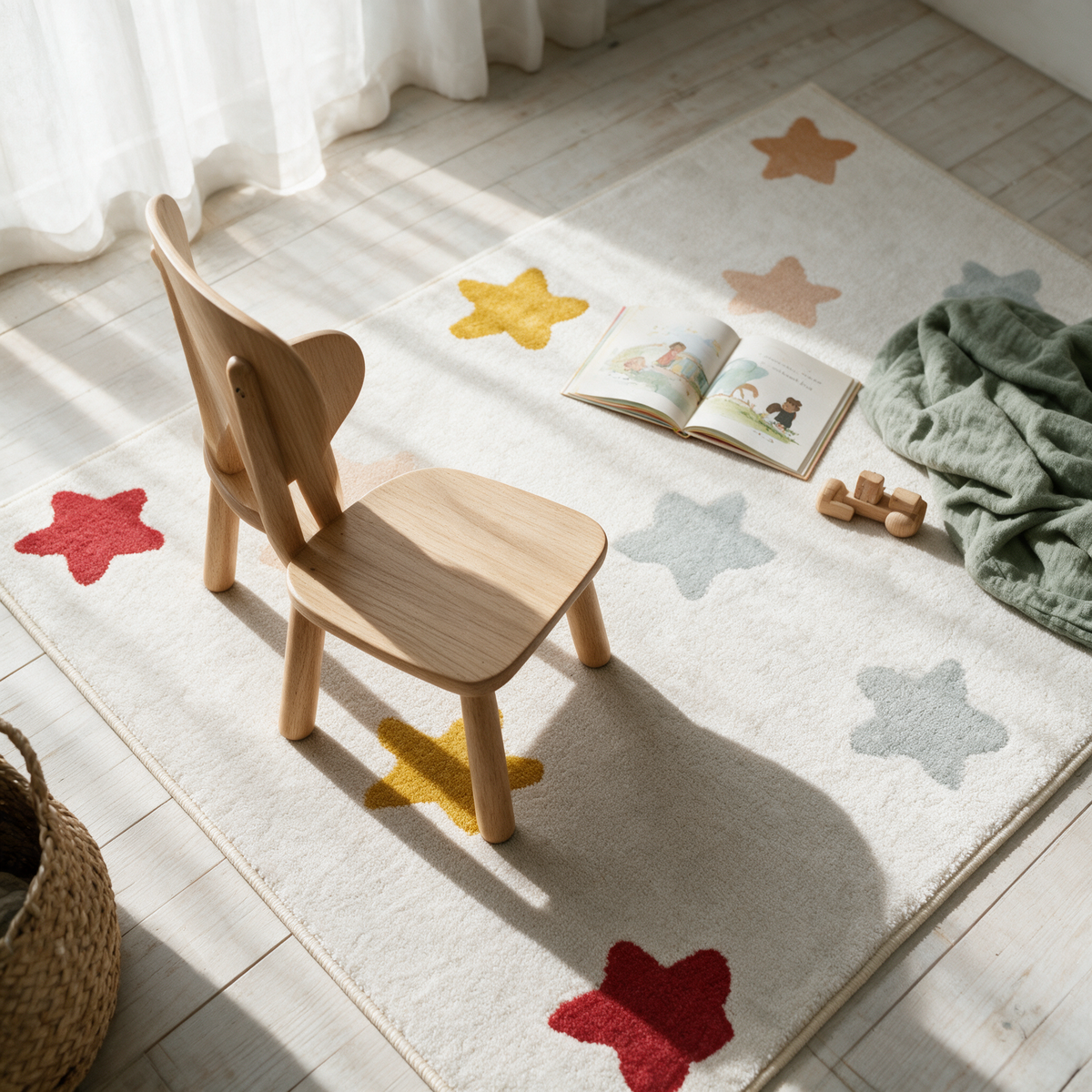 Overhead view of the star rug on floorboards with a small chair, a picture book and a folded blanket.