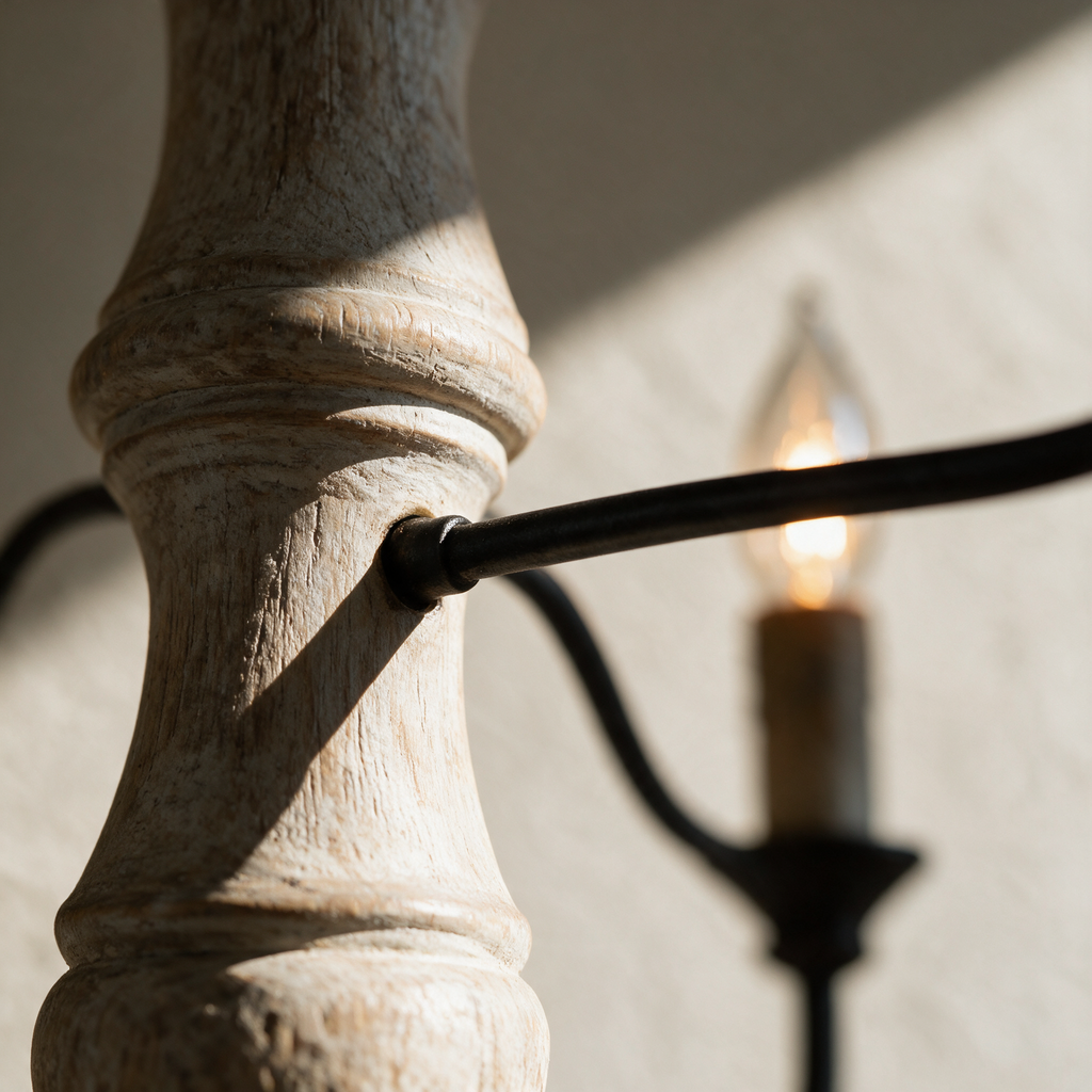 Macro close-up of a black iron arm joining the turned, distressed timber centre column.