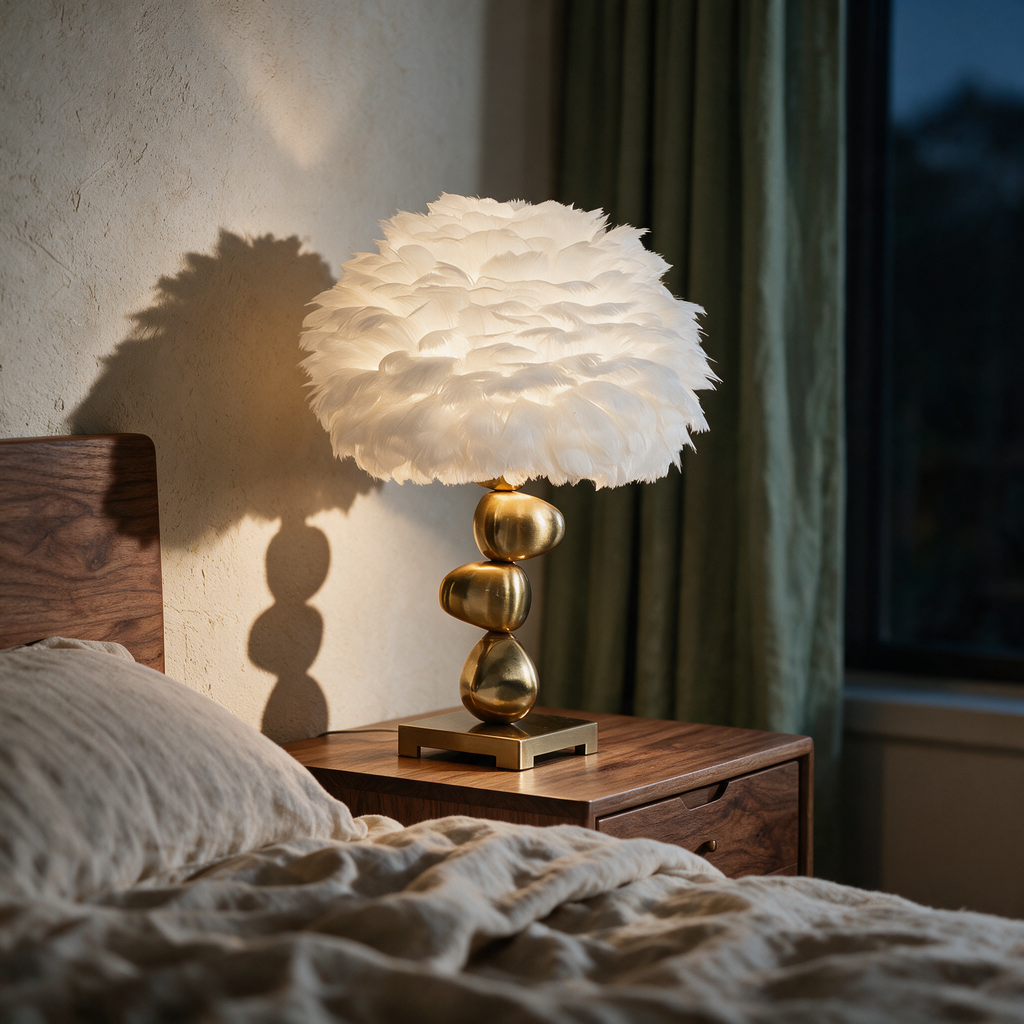 Side profile of the lit lamp on a walnut bedside table seen across a bed.