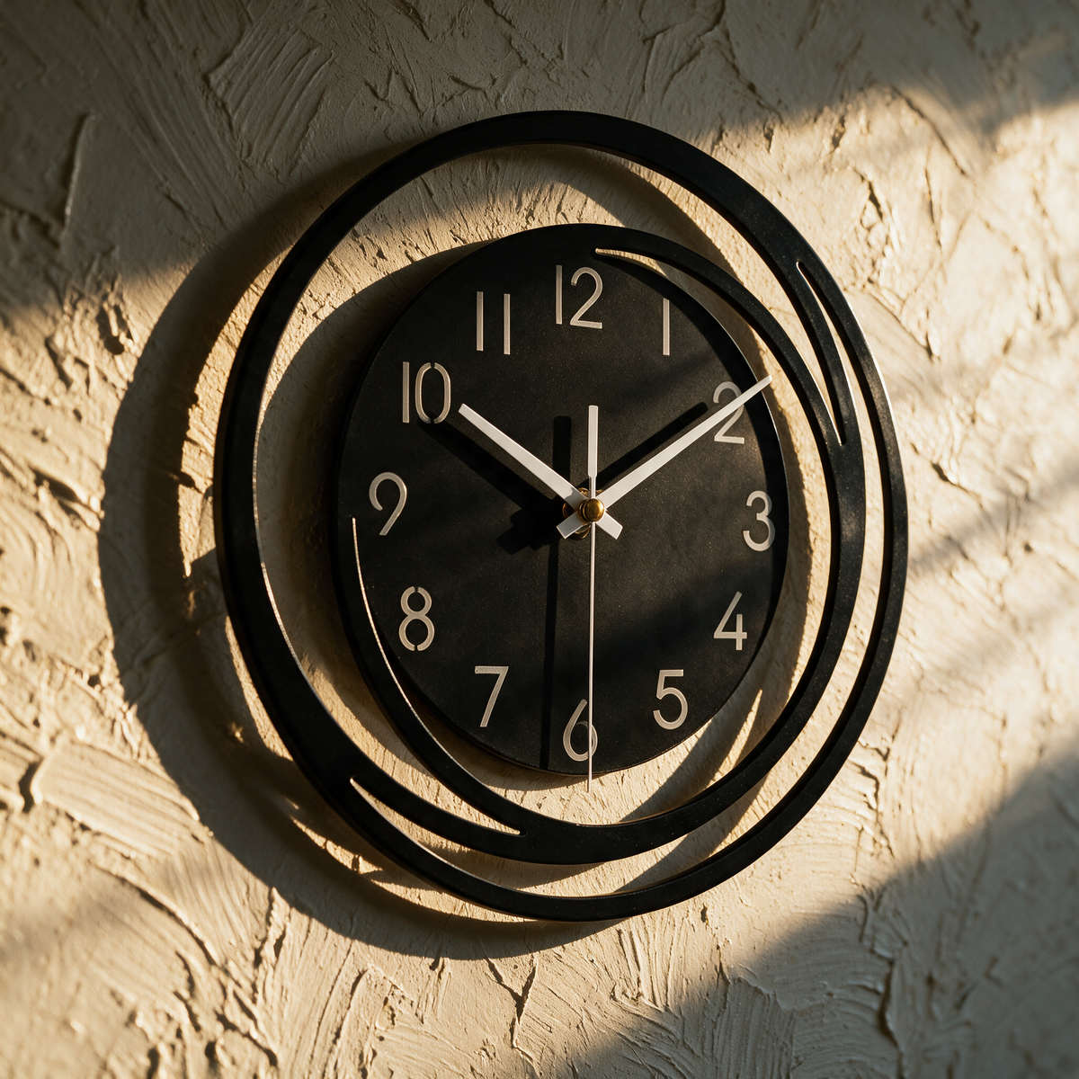 The clock alone on a textured plaster wall with its curling frame casting shadows
