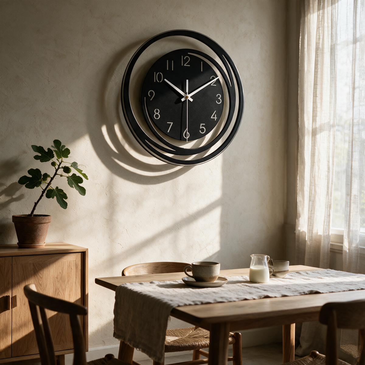 Black ribbon-frame wall clock above a breakfast table in morning light
