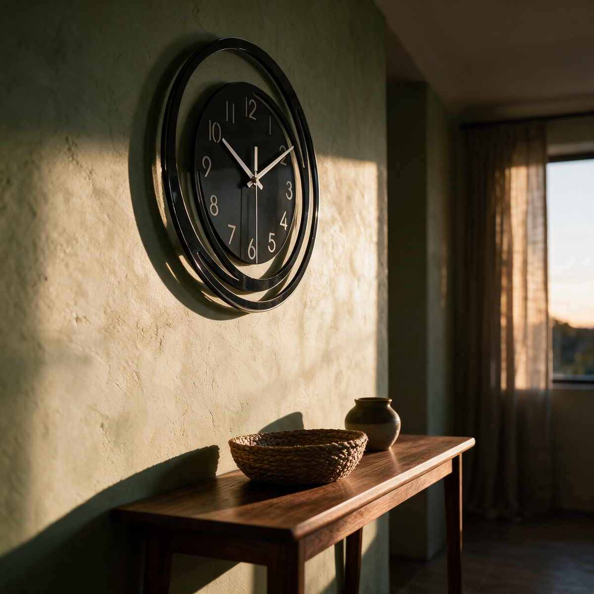 Steep side view of the clock above a console showing how the frame stands off the wall