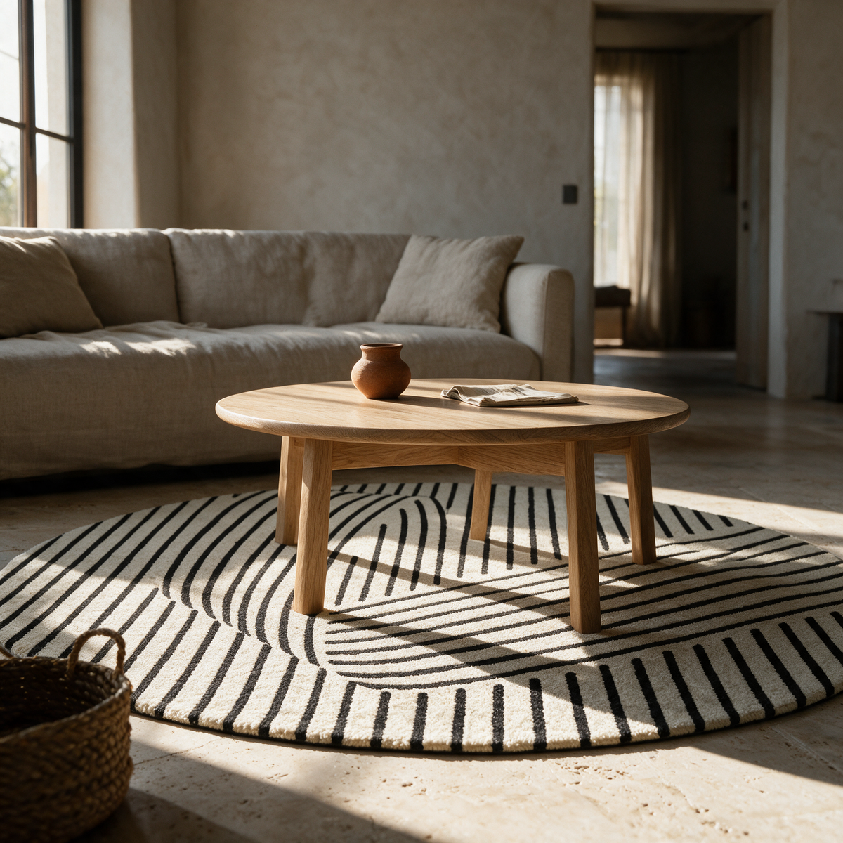 Round cream rug with bold black arcs under a low oak coffee table in a sunlit living room.