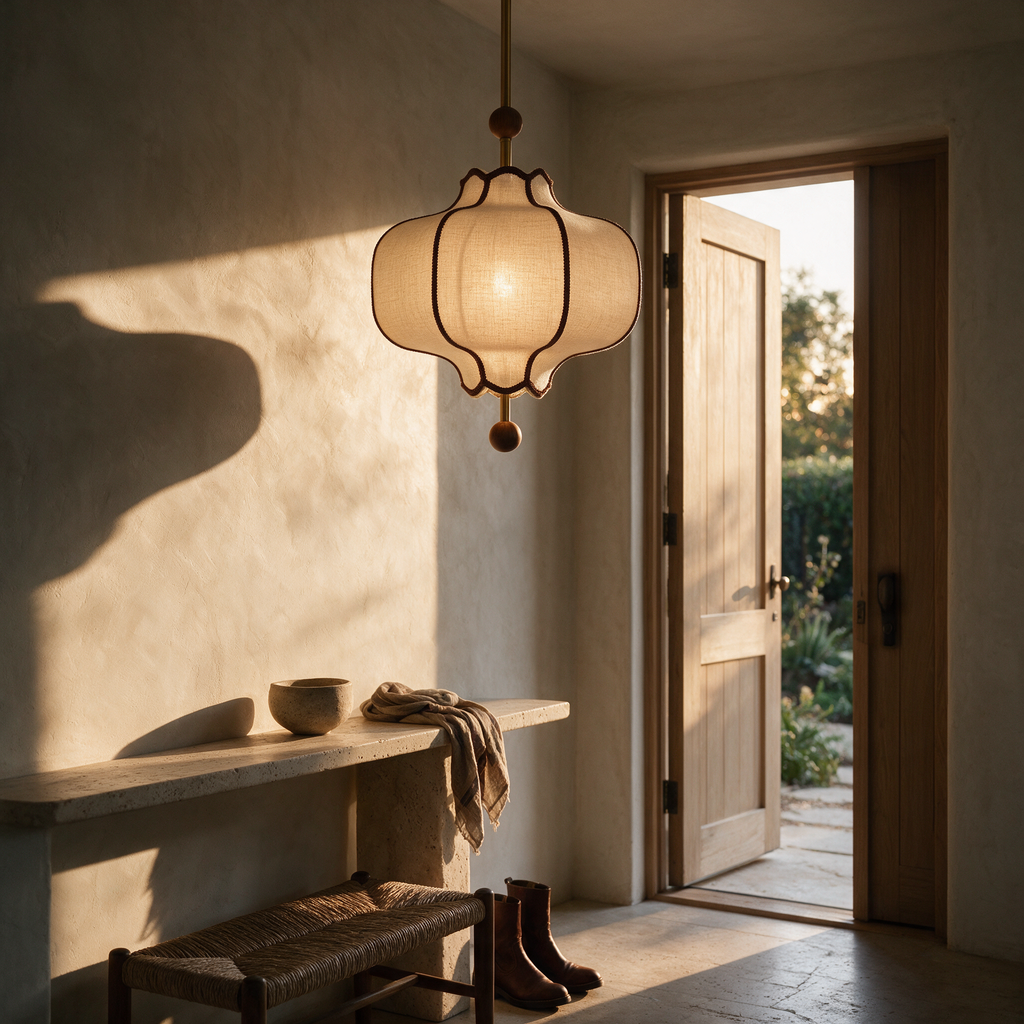 Cream fabric lantern ceiling light on a rigid downrod glowing in an entry hall at golden hour.