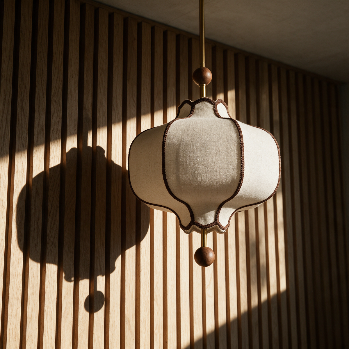 Unlit lantern shade casting a sharp shadow across a wall of vertical timber slats.