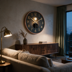 Gold numeral wall clock above a walnut sideboard in lamplight at dusk