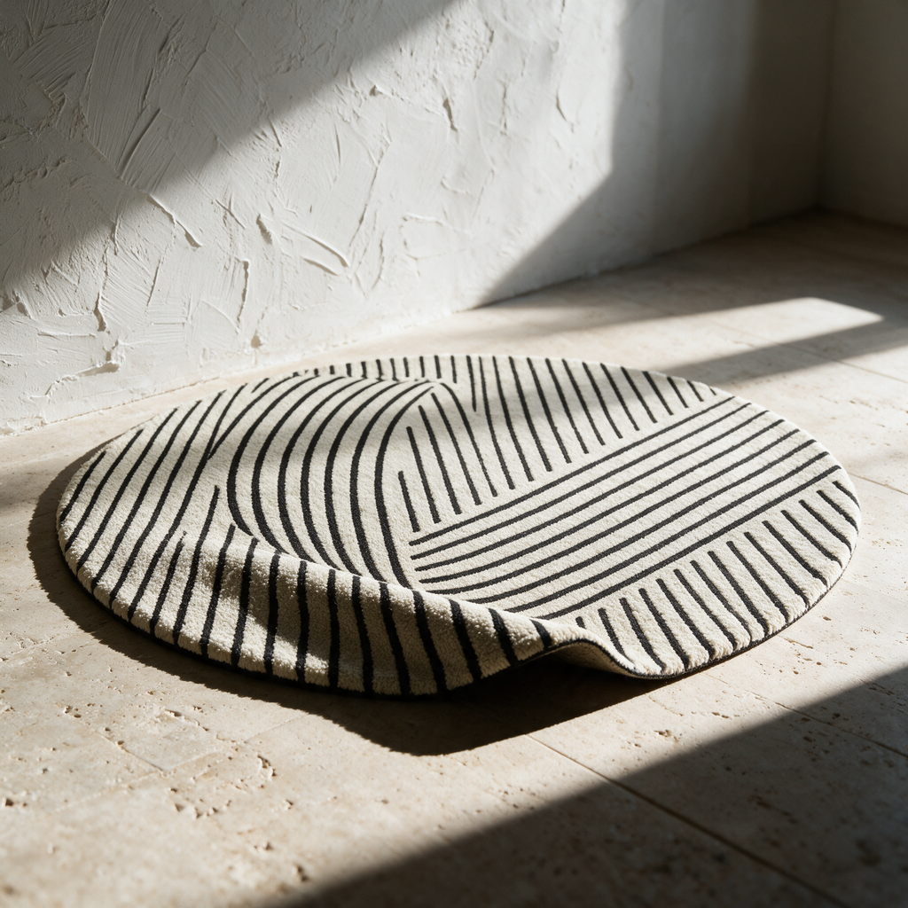 The round rug lying alone on a stone floor with one edge lifted to show the depth of the pile.