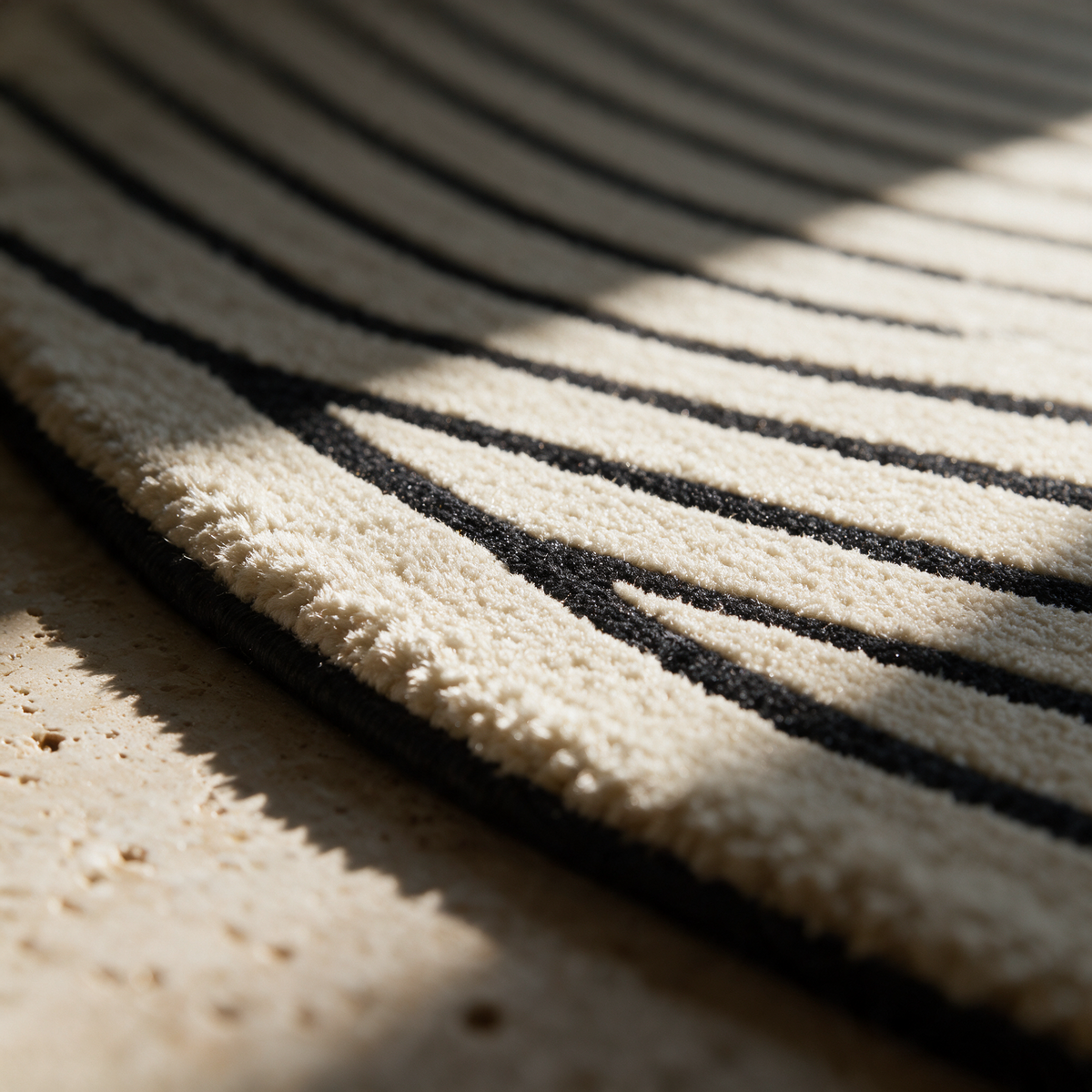 Macro detail of the edge of a black arc meeting the cream tufted pile near the bound rim.