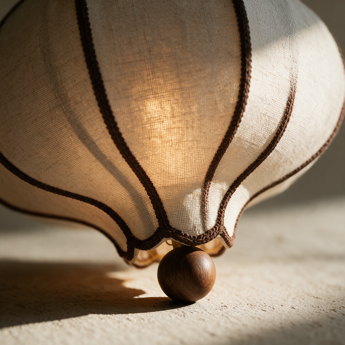 Macro close-up of the brown-trimmed ribs meeting the turned timber ball finial at the base of the shade.