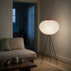 Rice paper globe tripod floor lamp glowing in a living room corner at dusk.