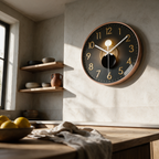 Upward view of the clock above open kitchen shelves in morning light