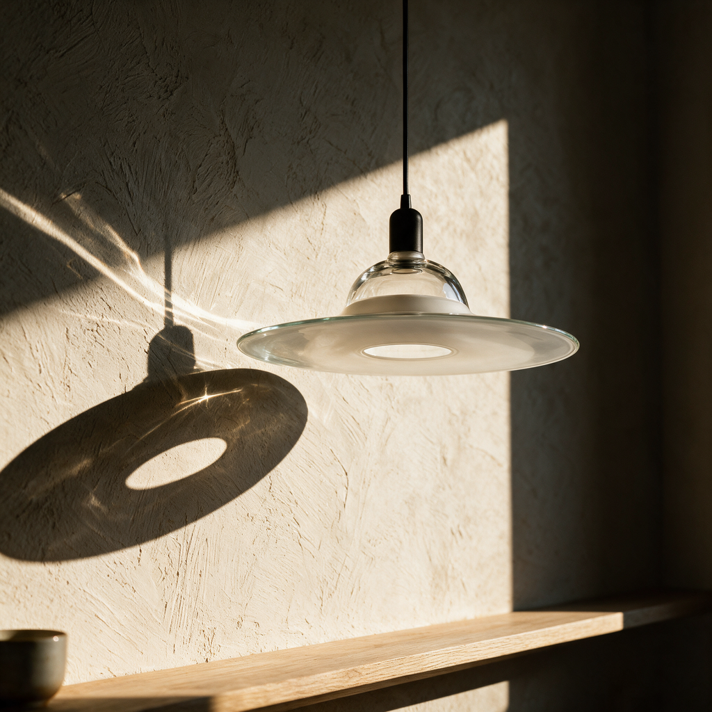 A single unlit glass disc pendant against a textured plaster wall in raking afternoon sunlight.