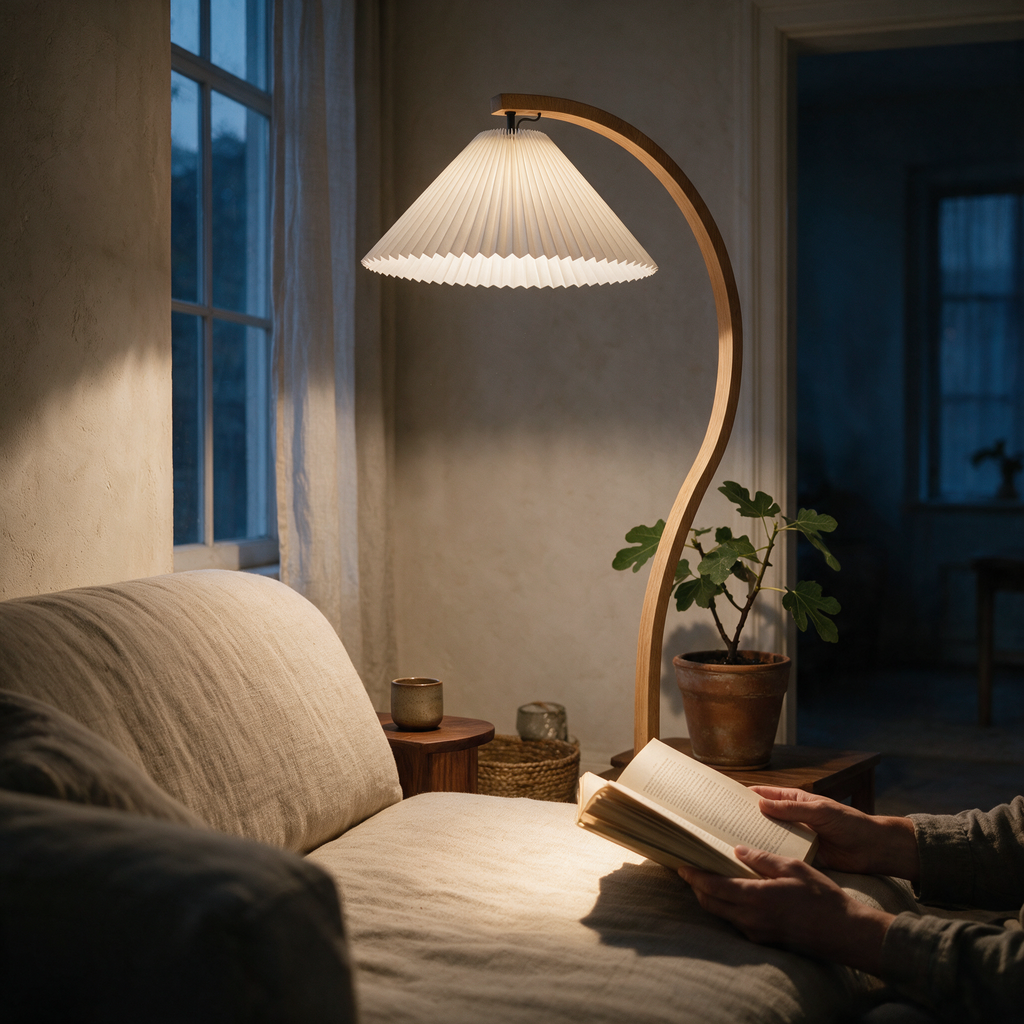 Curved beech floor lamp arcing over a sofa with a pleated shade lighting an open book.