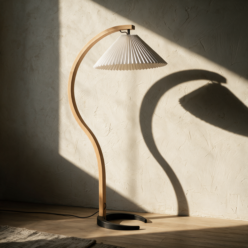 Unlit curved timber floor lamp casting a long curved shadow on a plaster wall.