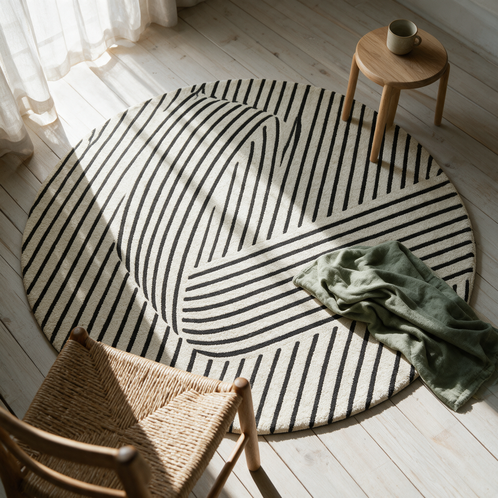 Overhead view of the whole circular rug on floorboards with a chair and a folded throw.