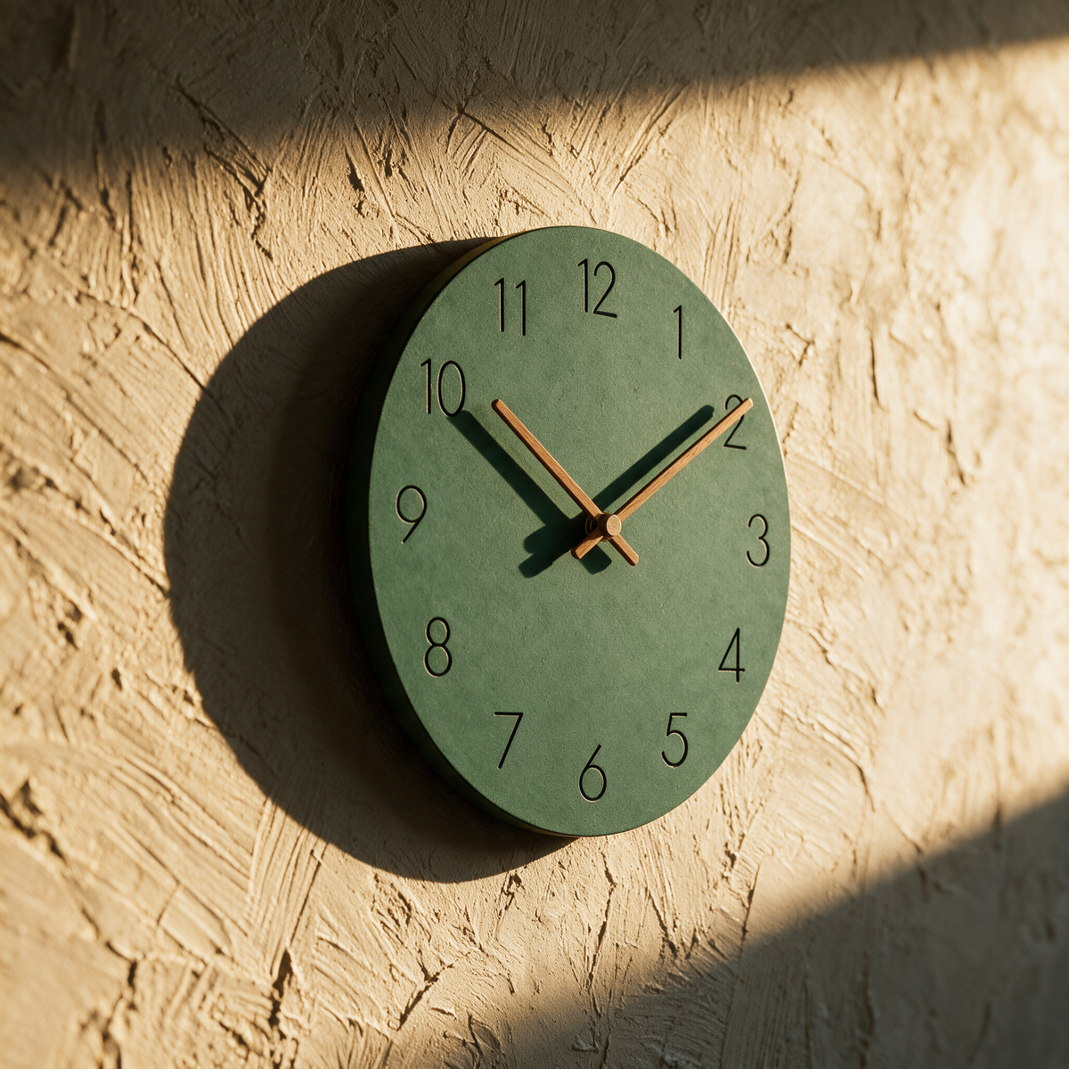 The green-faced clock alone on a textured plaster wall in raking afternoon light