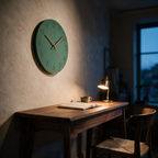 Side view of the green clock above a lamplit desk at dusk showing its thin profile
