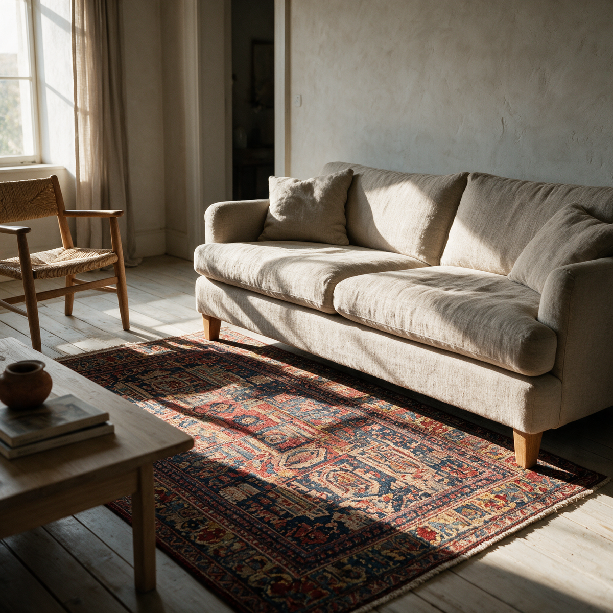 Large traditional patterned rug in red and blue under a linen sofa in a sunlit living room.