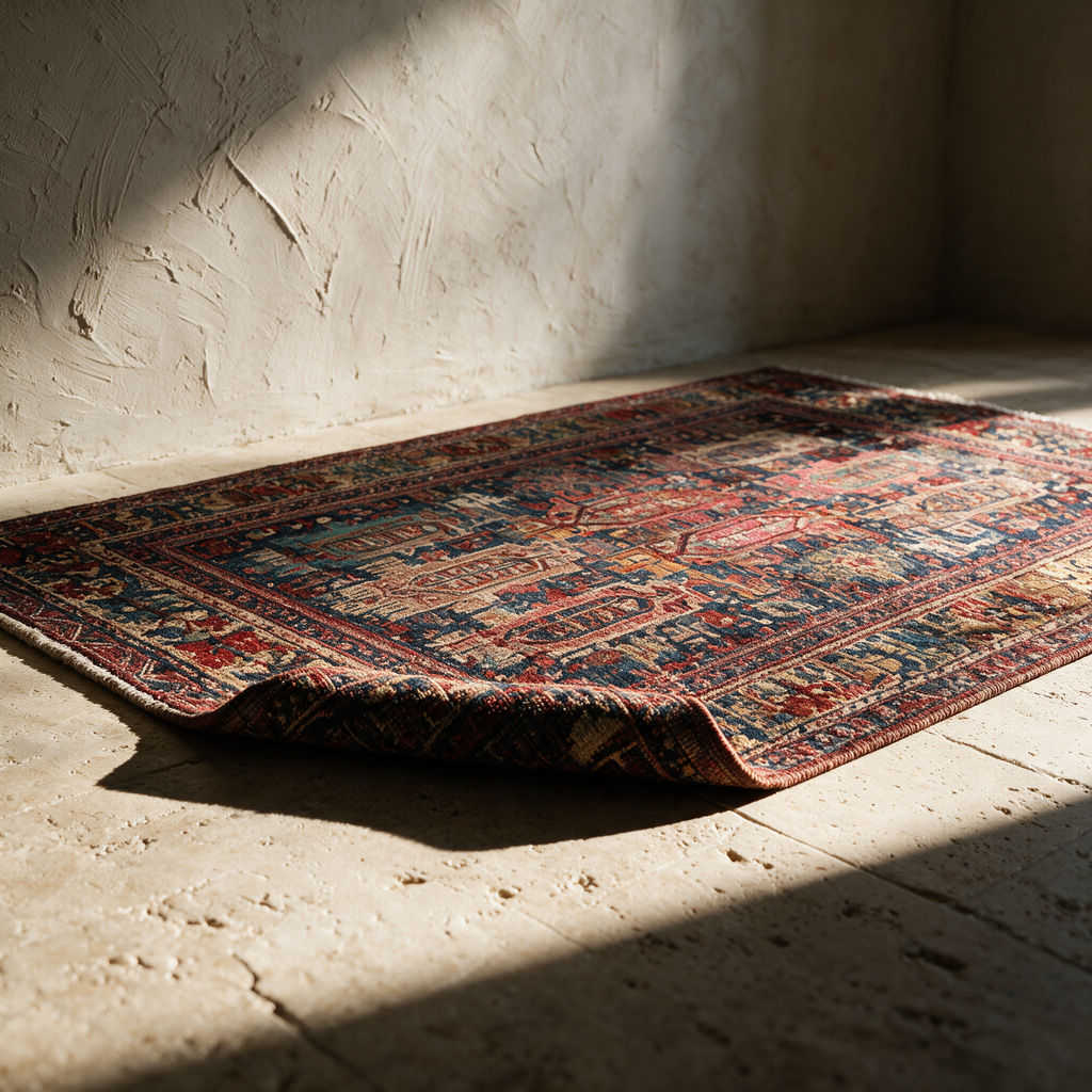 The patterned rug lying alone on a stone floor with one corner folded back in raking sunlight.