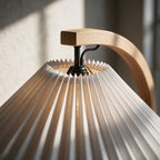Close-up of the timber stem entering the top of the crisp pleated shade.