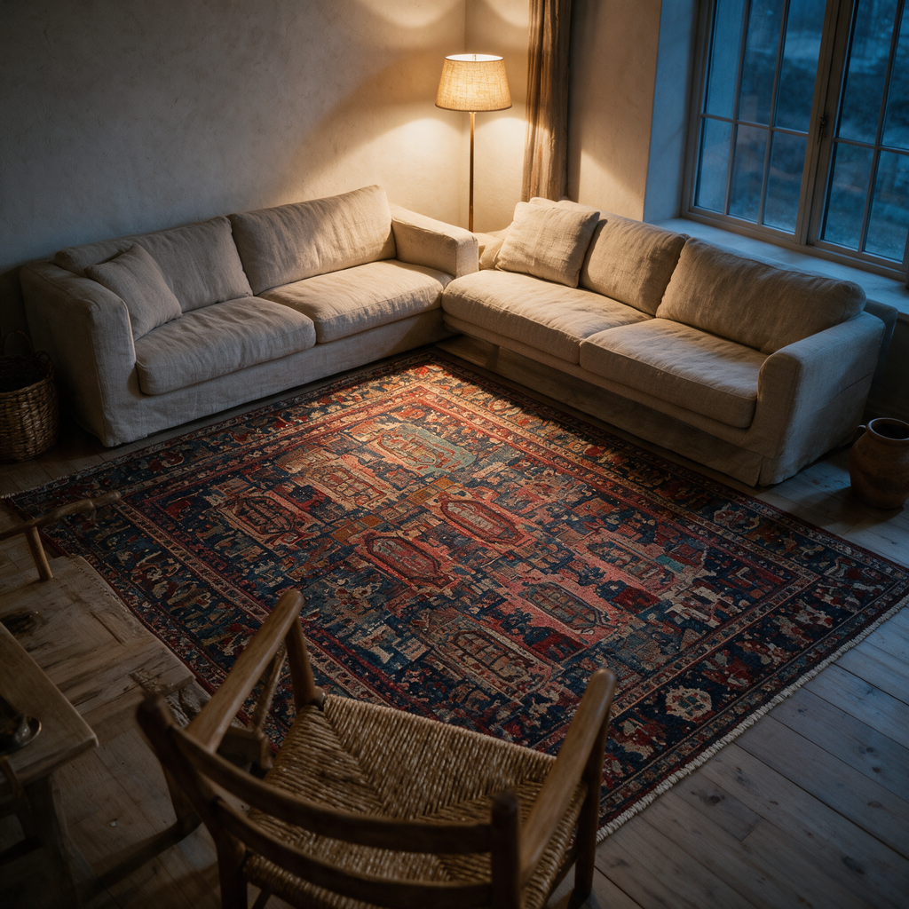 High angle view at dusk of the whole rug under a sofa and armchairs lit by a warm floor lamp.