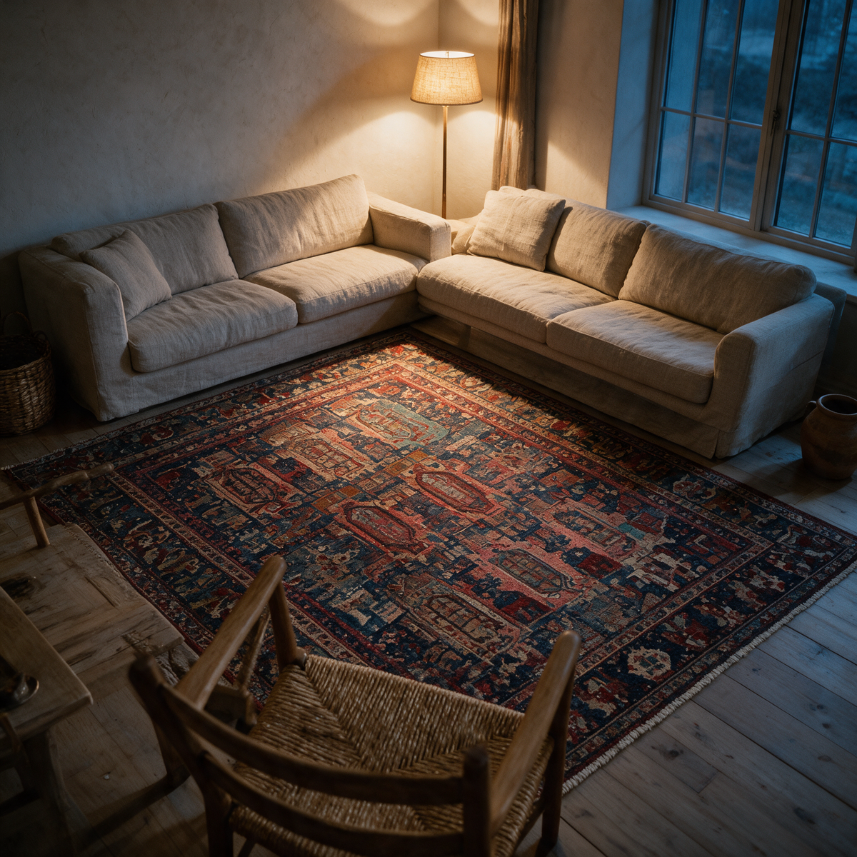 High angle view at dusk of the whole rug under a sofa and armchairs lit by a warm floor lamp.