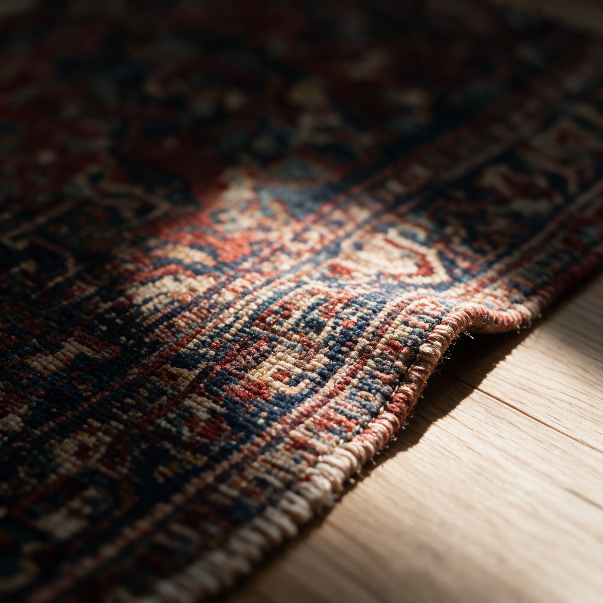 Macro detail of the rug's outer border and bound edge showing the woven knots and colour changes.