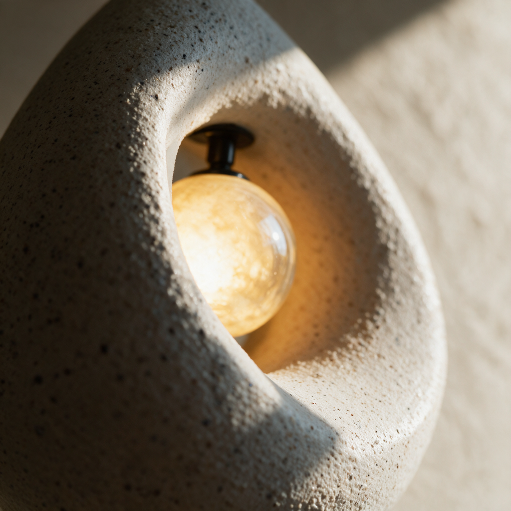 Macro close-up of the speckled resin rim meeting the smooth glowing glass globe inside the hollow.