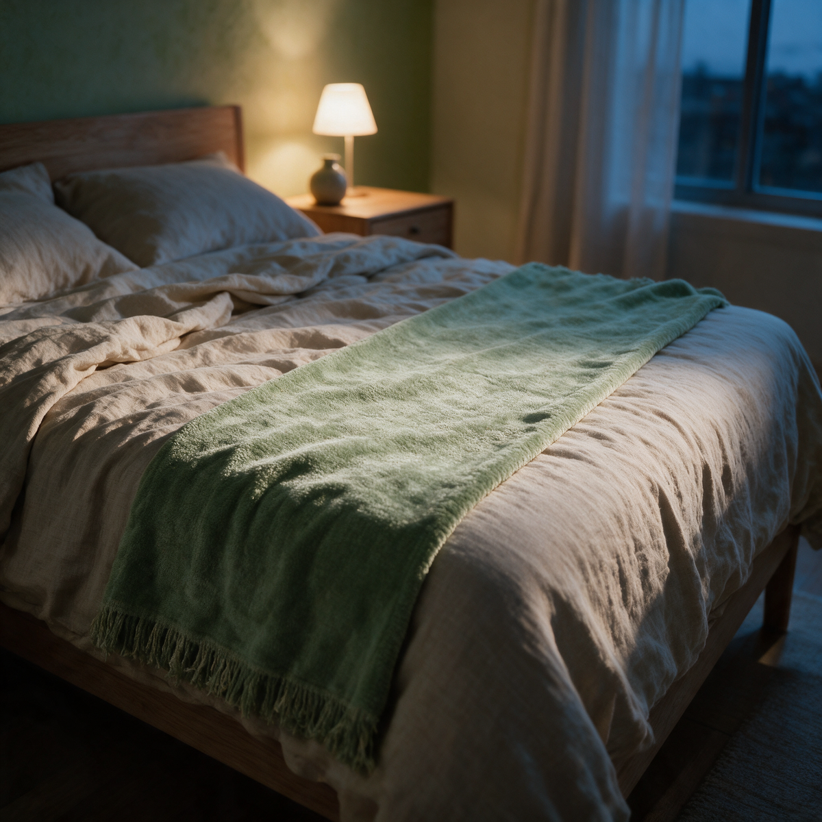 The throw laid as a runner across the foot of a linen bed at dusk beside a lit bedside lamp.
