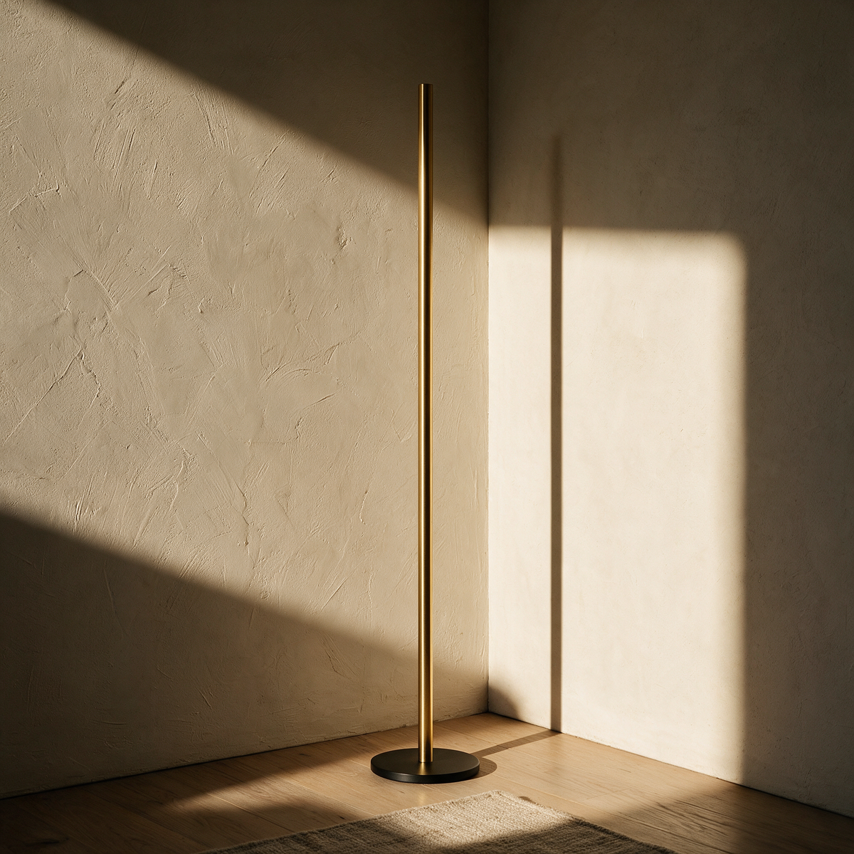 Unlit gold rod lamp in a plaster corner with a long shadow up the wall.