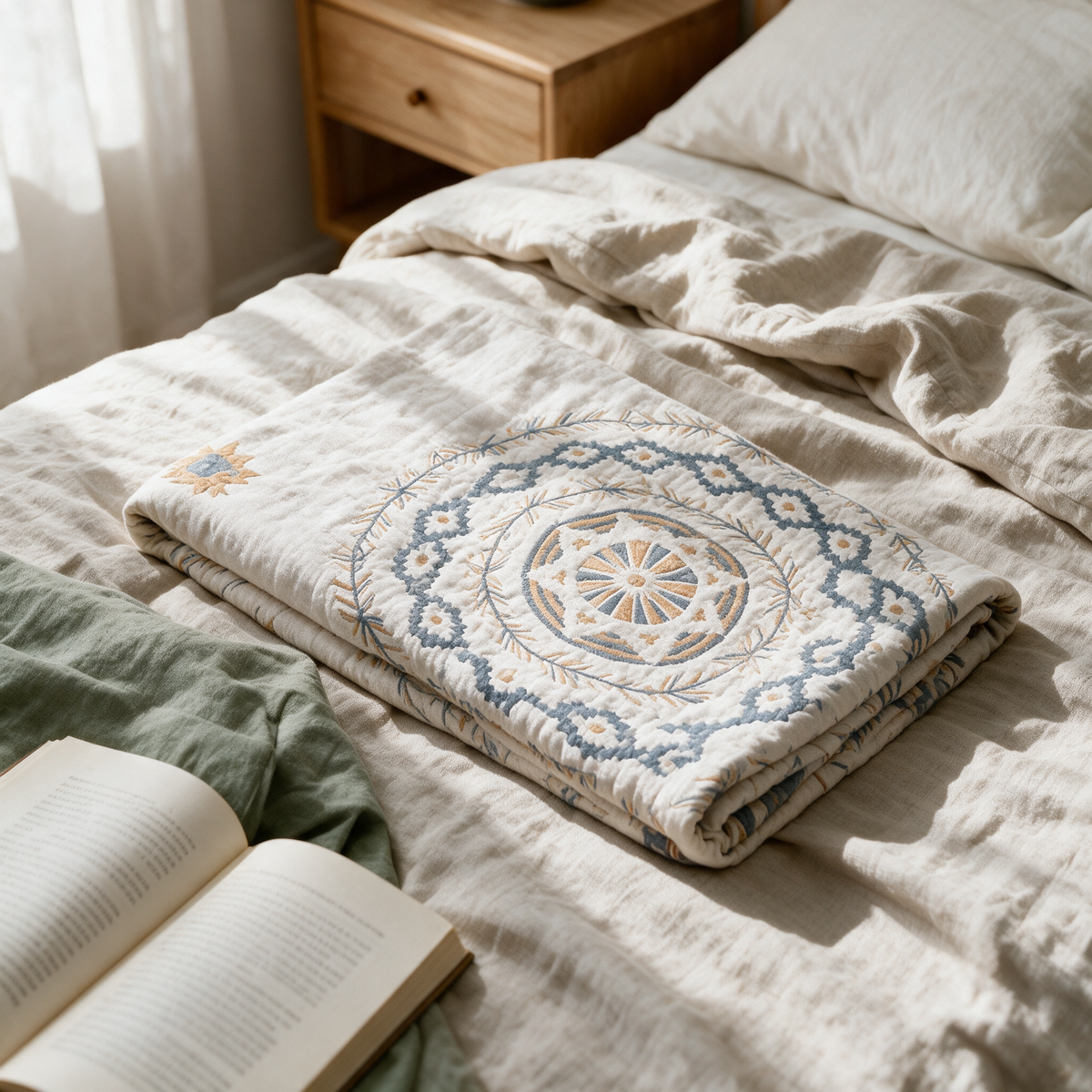 Overhead view of the mandala throw folded across the foot of a rumpled linen bed.