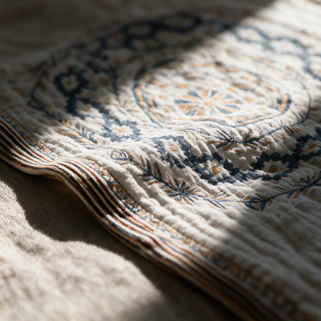 Macro detail of the blue mandala petals against the cream cotton weave near a hemmed edge.