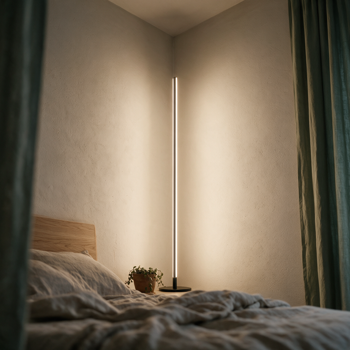 Low view looking up the lit silver rod in a bedroom corner.