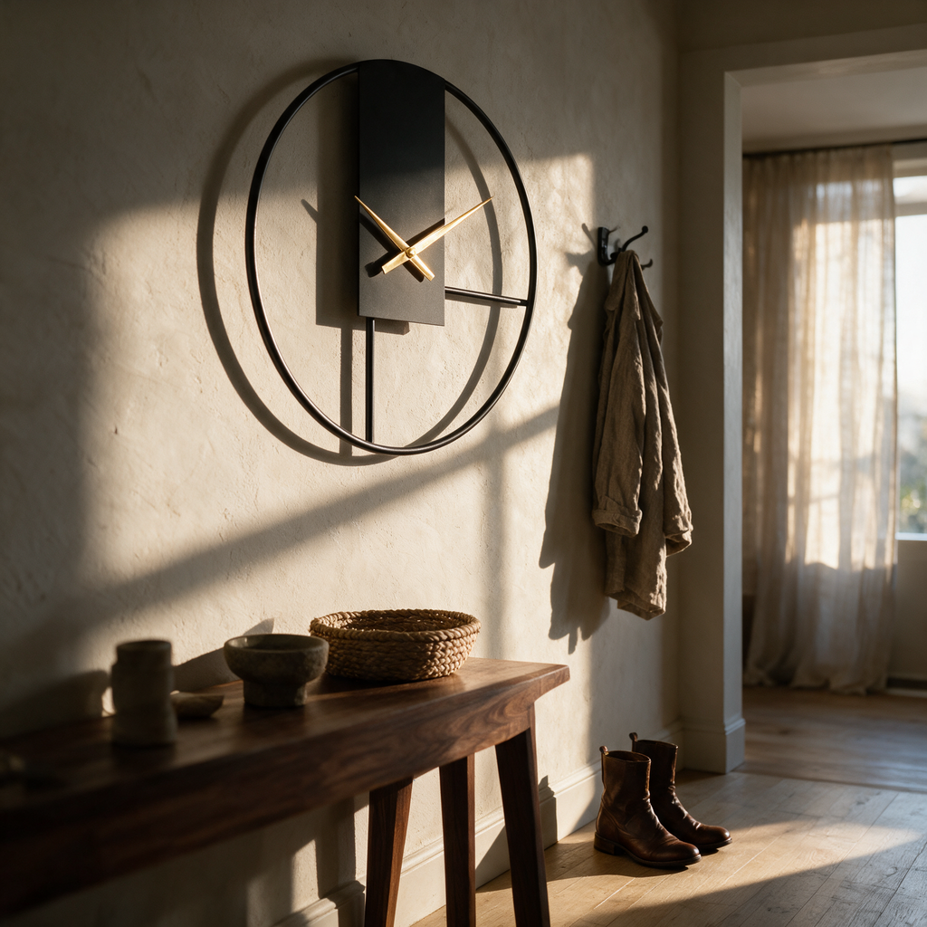 Open black metal ring clock with gold hands above a console in an entry hall