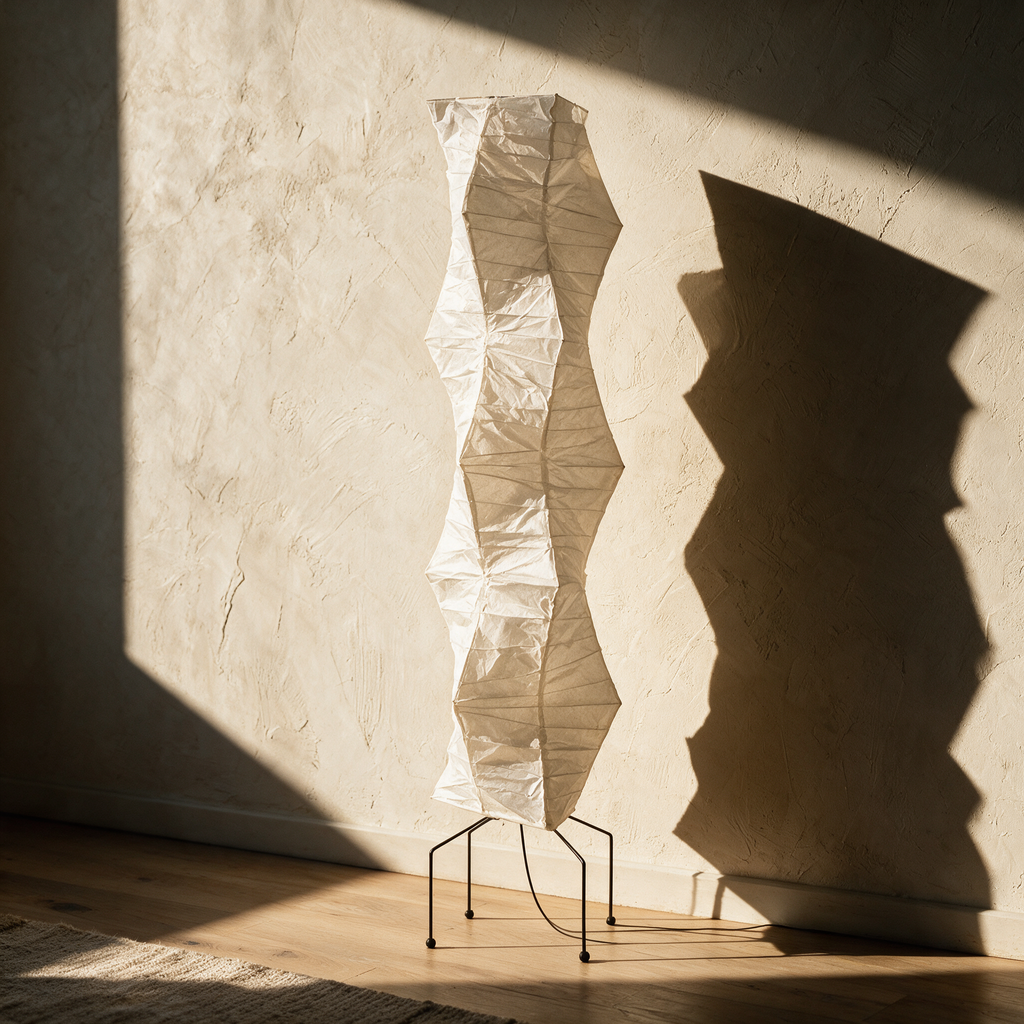 Unlit folded paper column lamp in raking sunlight against a plaster wall.