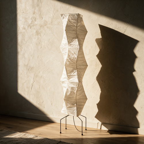 Unlit folded paper column lamp in raking sunlight against a plaster wall.