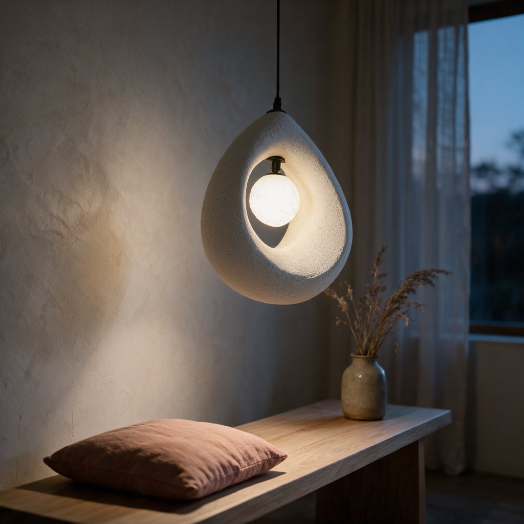 Side profile of the lit pebble pendant above a timber dining bench showing the depth of the resin.