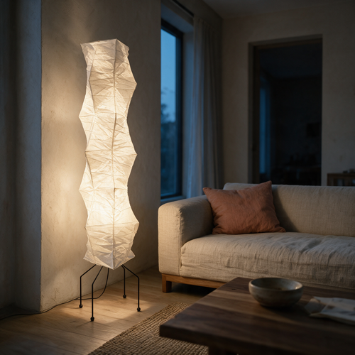 Faceted rice paper column floor lamp glowing in a living room corner at dusk.