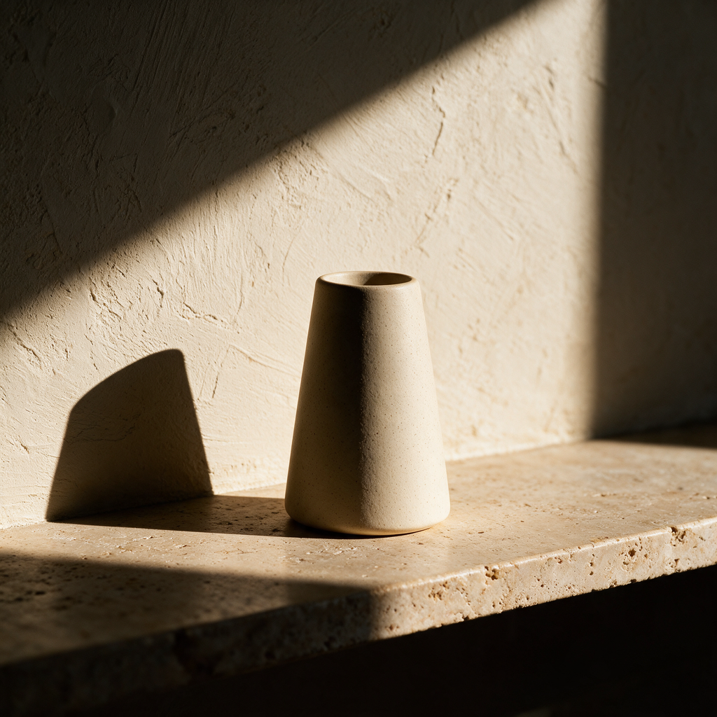 The empty cream speckled vase on a stone ledge against a plaster wall