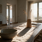 Speckled terracotta tapered vase with dried grasses on a sunlit dining table