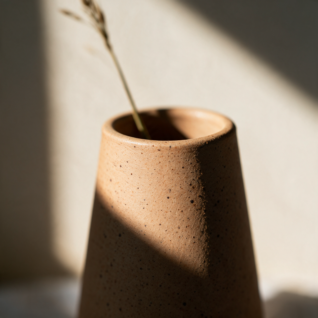 Close-up of the speckled clay surface at the rim of the vase