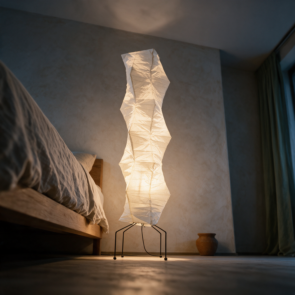 Low view of the lit paper column on its thin wire legs beside a bed.
