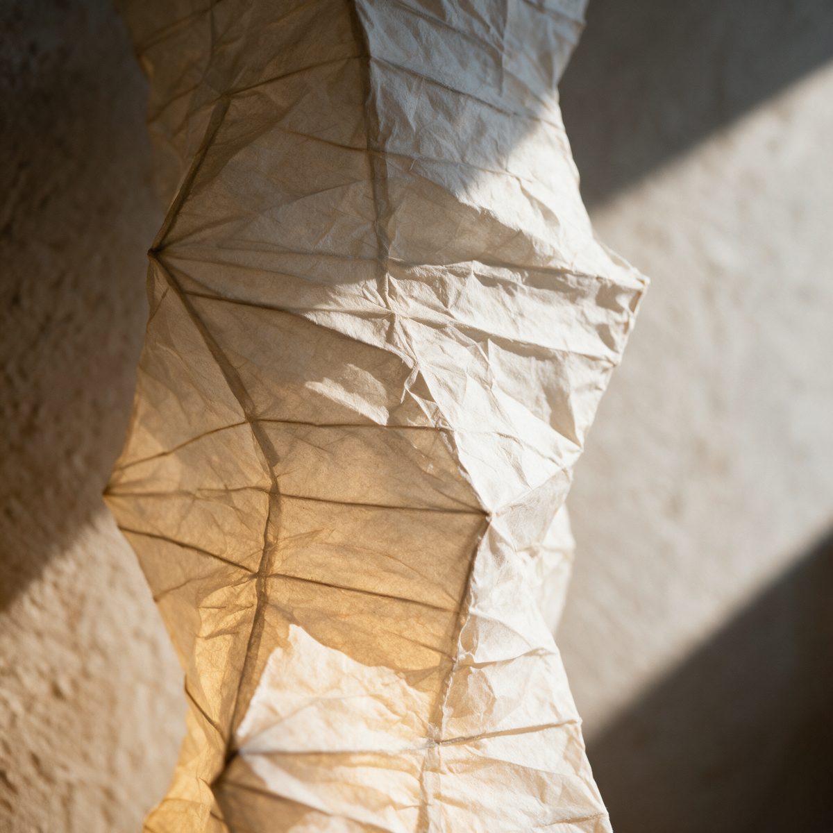 Macro view of the creased rice paper surface glowing from within.
