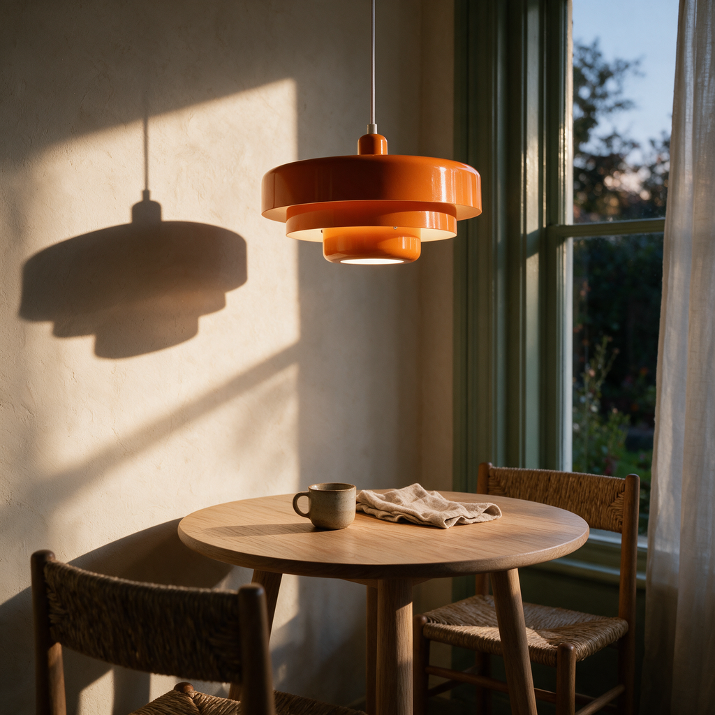 Bright orange tiered disc pendant lit above a small round timber table in a breakfast nook.