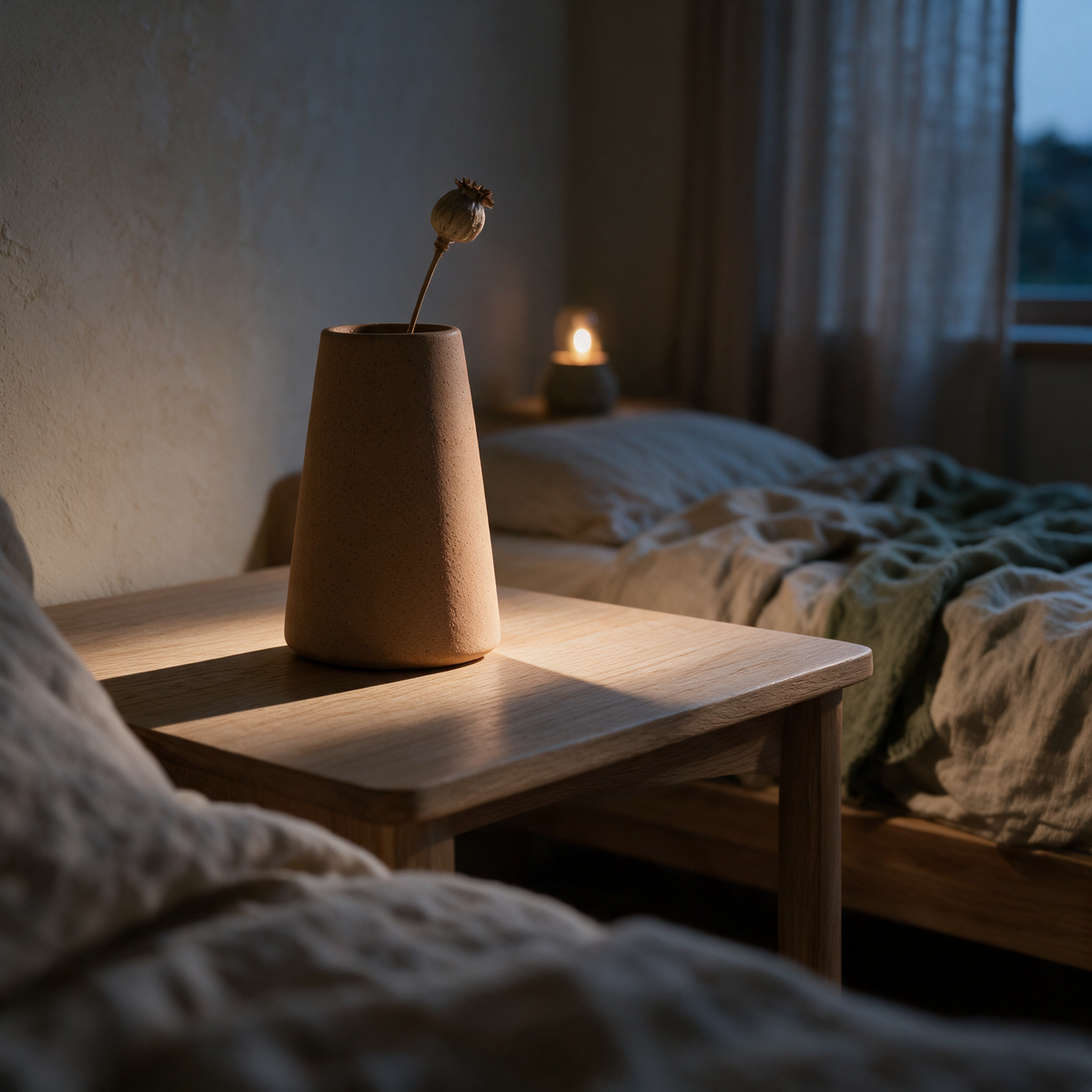 Low view of the tapered vase on a bedside table in lamplight at dusk