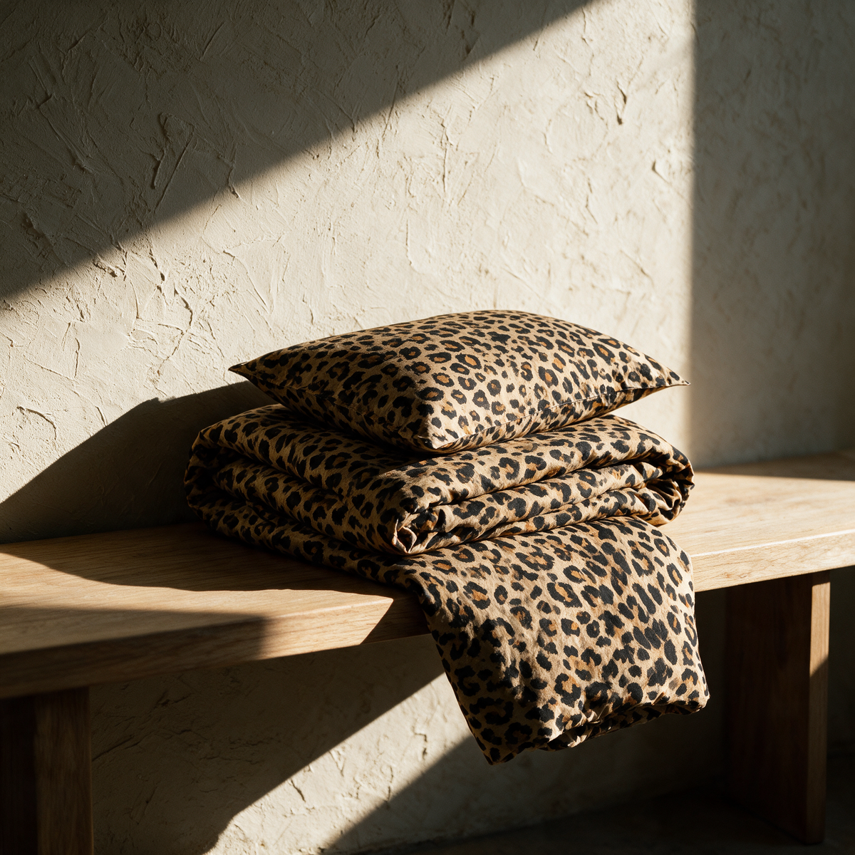 The leopard duvet cover folded in a stack with a pillowcase on an oak bench against plaster.