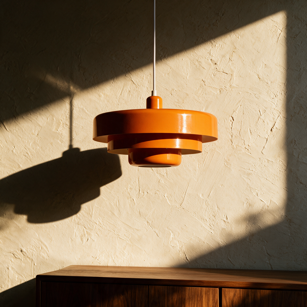 Unlit orange stepped-cone pendant casting a stepped shadow across a textured plaster wall.
