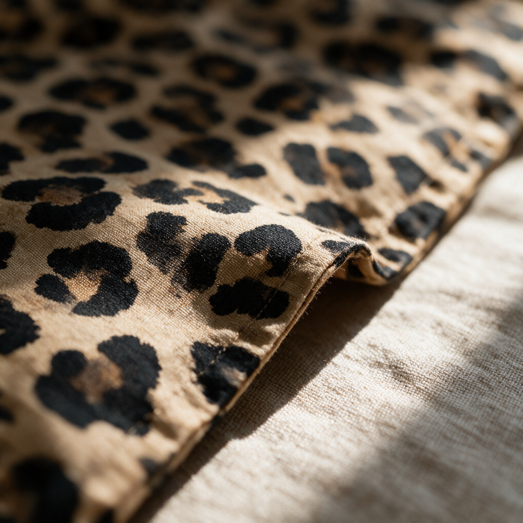 Macro detail of black rosettes printed on the tan woven fabric beside a seamed edge.