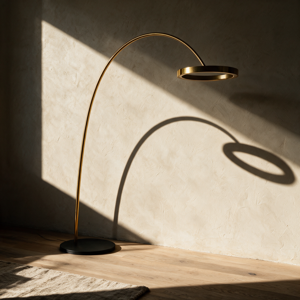 Unlit gold arc lamp casting a curved shadow with a circle on a plaster wall.