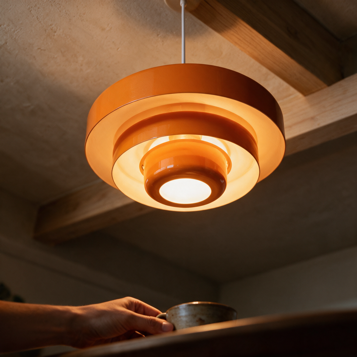 Looking up at the lit pendant with its tiers reading as concentric glowing rings against a beamed ceiling.